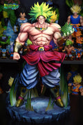A highly detailed collectible statue of Broly from Dragon Ball Super, shown in a dynamic fighting pose on a rocky base. The figure features spiky yellow hair, a muscular physique, a red sash, blue pants, and gold armor, holding a green spiky object in one hand.