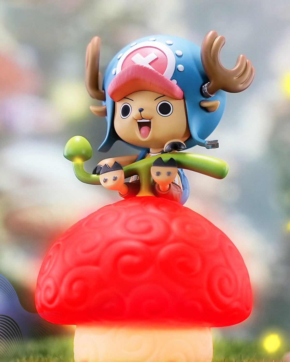 A promotional graphic for a small LED night light shaped like a cartoon character riding a red mushroom, shown with Chinese text and feature callouts on a pink background.