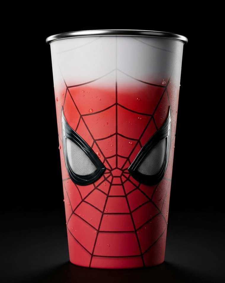 A stainless steel travel tumbler featuring a red and black Spider-Man web pattern with large Spider-Man eyes on the front, set against a solid black background.