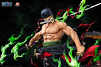 A highly detailed collectible action figure of Roronoa Zoro from One Piece, depicted in a dynamic battle stance with three swords and green and red energy effects against a dark background.