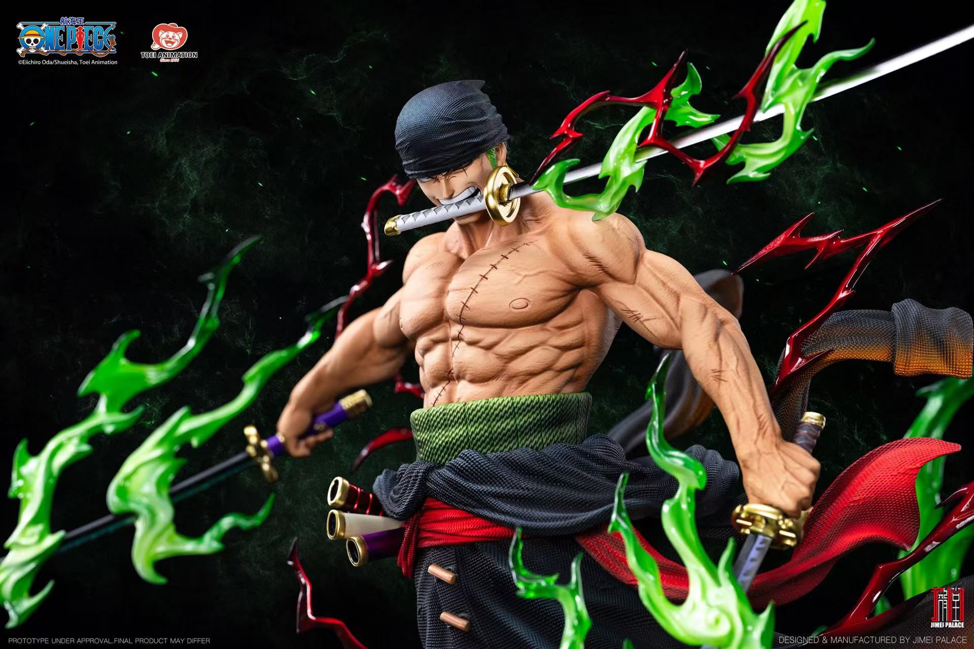 A highly detailed collectible action figure of Roronoa Zoro from One Piece, depicted in a dynamic battle stance with three swords and green and red energy effects against a dark background.