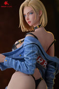 A collectible statue of a blonde anime character shown from behind, wearing a blue denim jacket over a black bra and thong, with a choker, against a dark brown background. The Origin Studio logo is visible in the top-left corner.