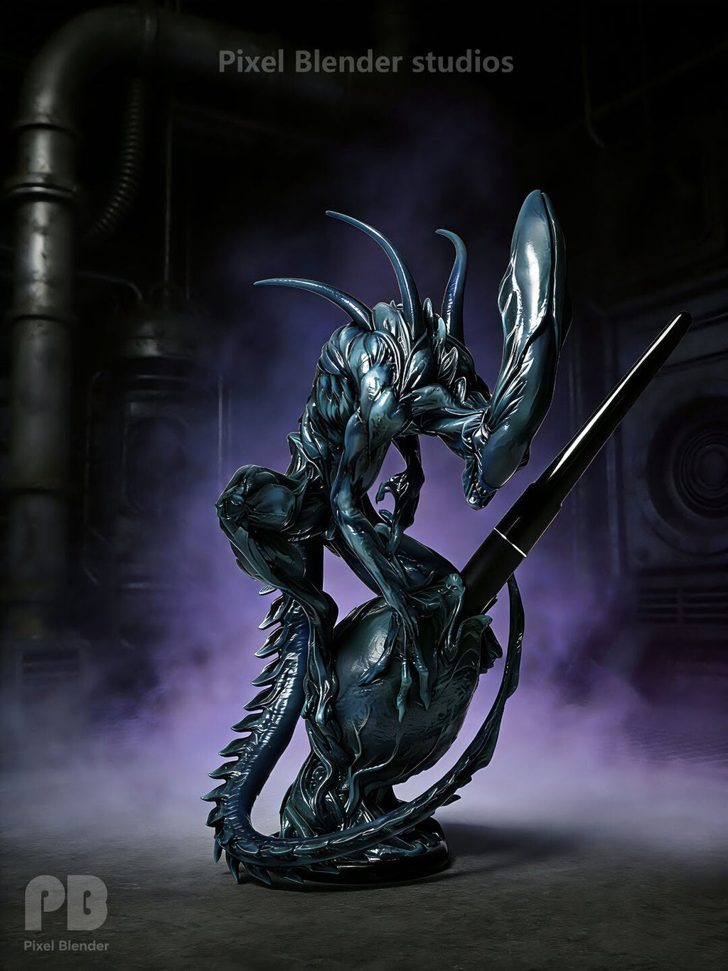 Statue of a dragon-like creature with a sword, set against a dark background with smoke effects.