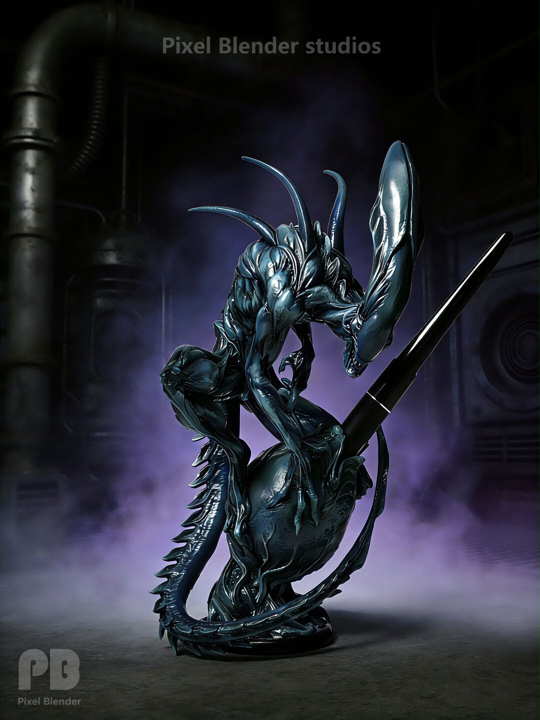 Statue of a dragon-like creature with a sword, set against a dark background with smoke effects.