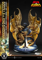 Godzilla vs. King Ghidorah collectible statue by Prime Studio, featuring Godzilla in blue and black with large gold wings clutching a glowing sword, set on a dark illustrated background with product branding and title text.