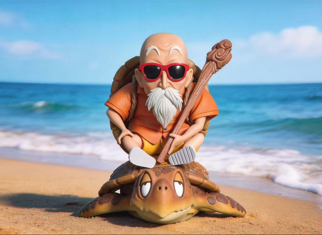 A decorative figurine of a bald bearded man in red sunglasses riding a turtle on a sandy beach with the ocean and blue sky in the background.